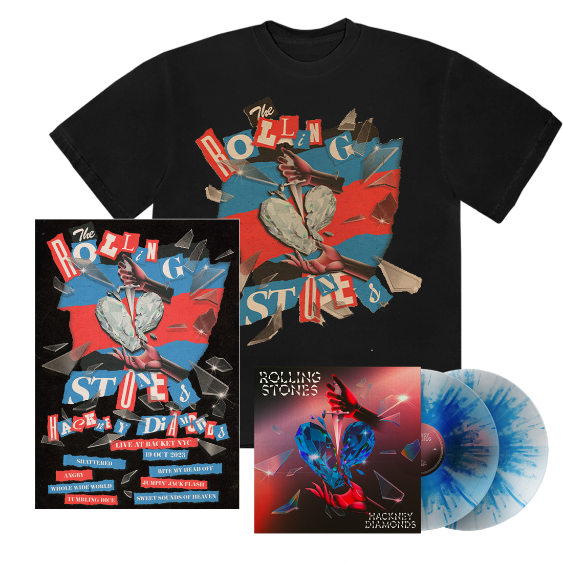 Hackney Diamonds (Anniversary Edition) Vinyl 2LP, Racket Setlist T-Shirt + Setlist Lithograph
