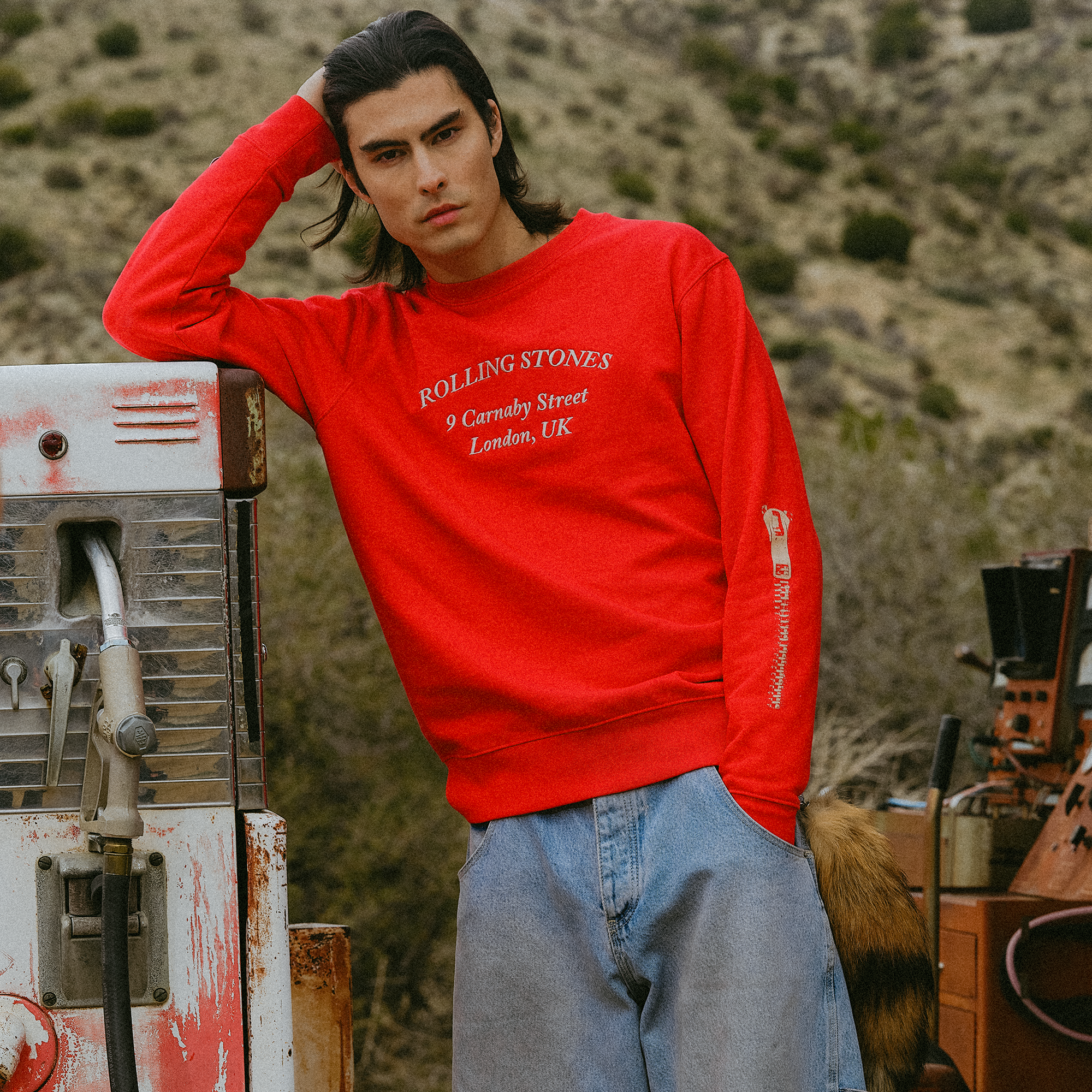 RS No. 9 - Rolling Stones Zipper Sleeve Red Crewneck Sweater