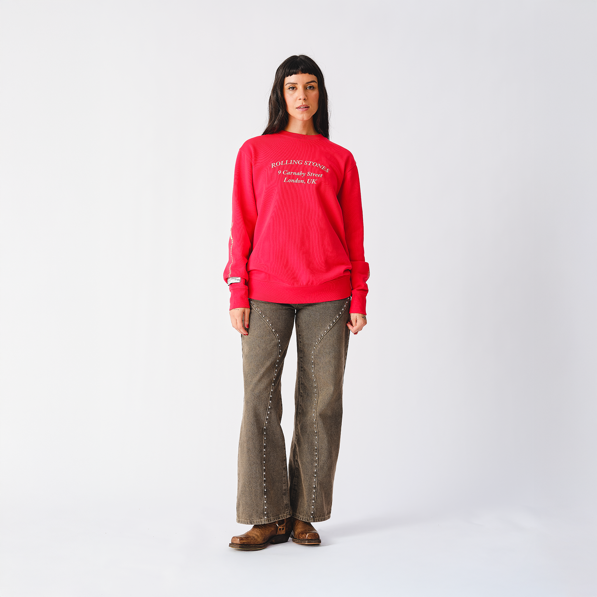 RS No. 9 - Rolling Stones Zipper Sleeve Red Crewneck Sweater