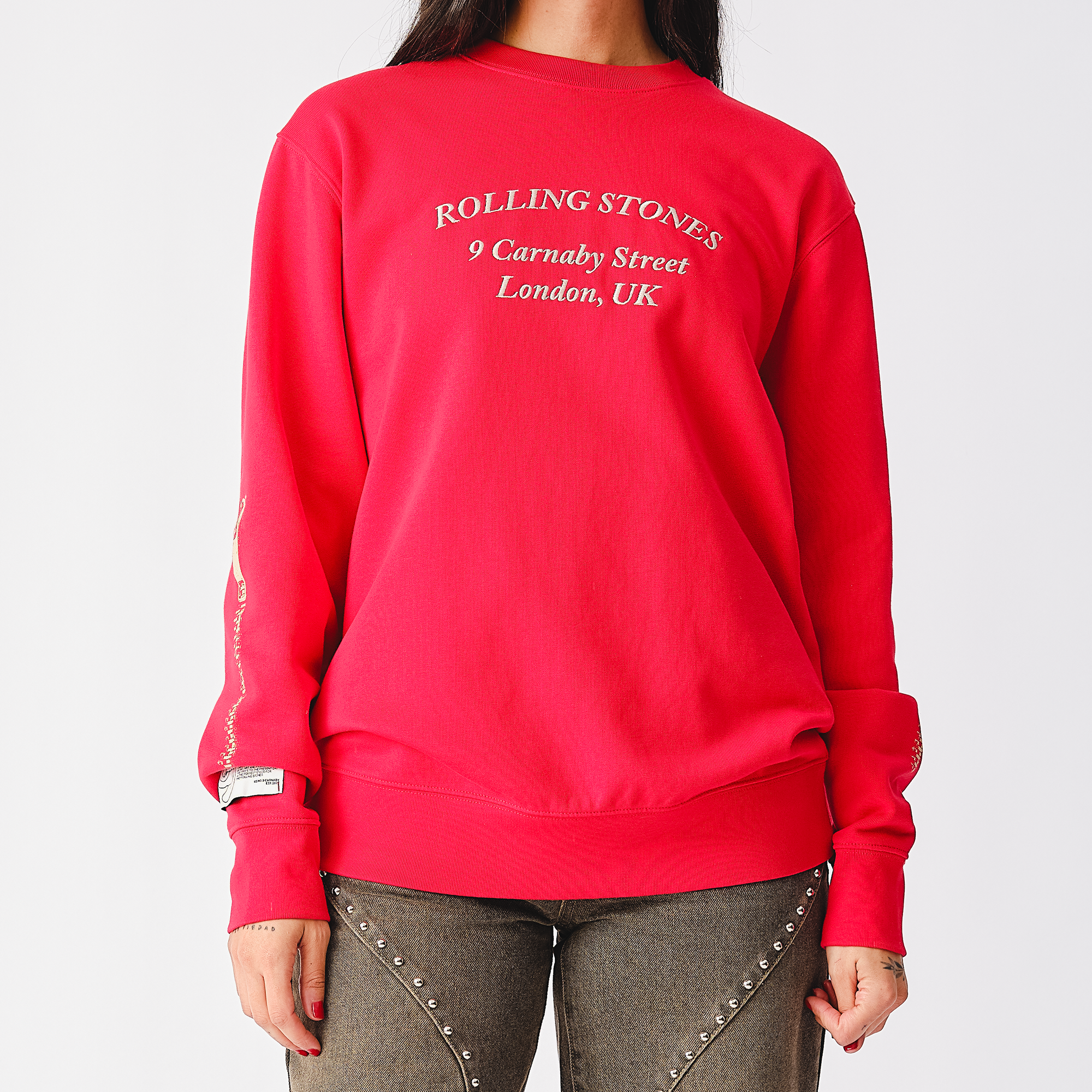 RS No. 9 - Rolling Stones Zipper Sleeve Red Crewneck Sweater